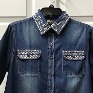 NWT  denim blue blouse jacket Swarovski Crystal silver bars & dots